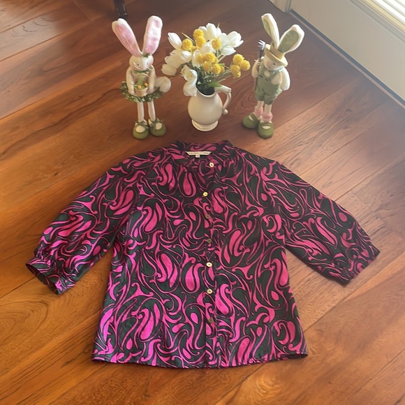 Trina Turk Silk Button Down Top Green & Pink - Picture 2 of 5